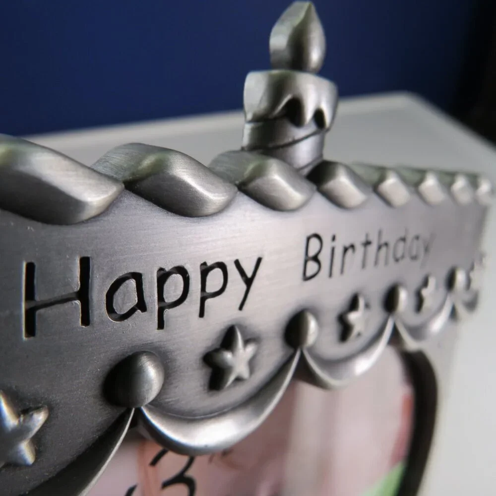 Happy Birthday Metal Picture Frame Brushed Aluminum with Felted Back 5 1/2 x 6